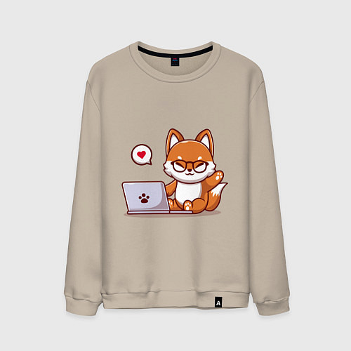 Мужской свитшот Cute fox and laptop / Миндальный – фото 1