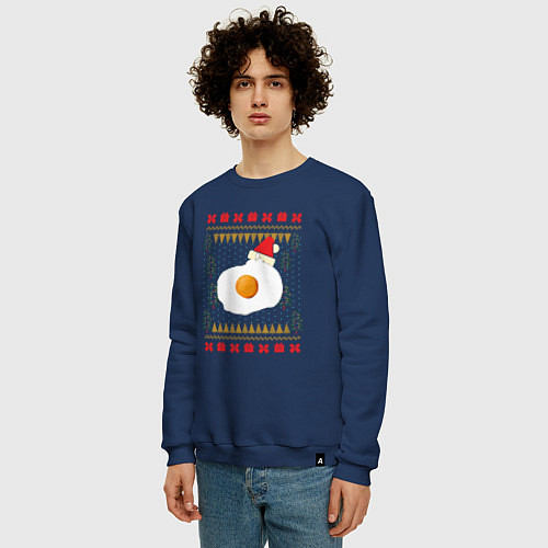 Мужской свитшот Рождественский свитер Кот-яичница / Тёмно-синий – фото 3