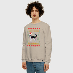 Свитшот хлопковый мужской Рождественский свитер Хаски, цвет: миндальный — фото 2