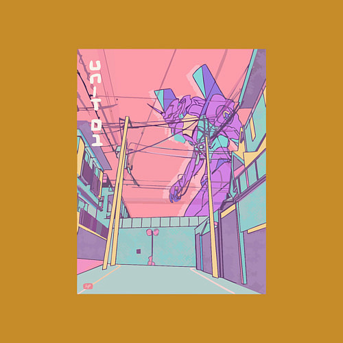 Мужской свитшот Shin Seiki Eva 01 возвышается над городом / Горчичный – фото 3