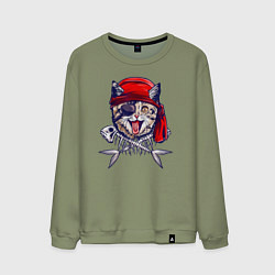 Свитшот хлопковый мужской Кот пират и рыбьи кости, цвет: авокадо