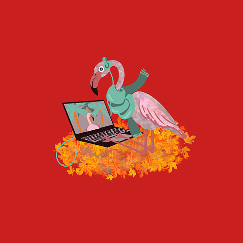 Мужской свитшот Осенний фламинго с ноутбуком, мечты о лете / Красный – фото 3