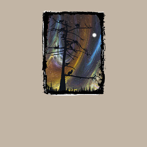 Мужской свитшот Кошки на дереве и северное сияние / Миндальный – фото 3