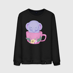 Свитшот хлопковый мужской Милый слонёнок внутри чашки с цветами, цвет: черный