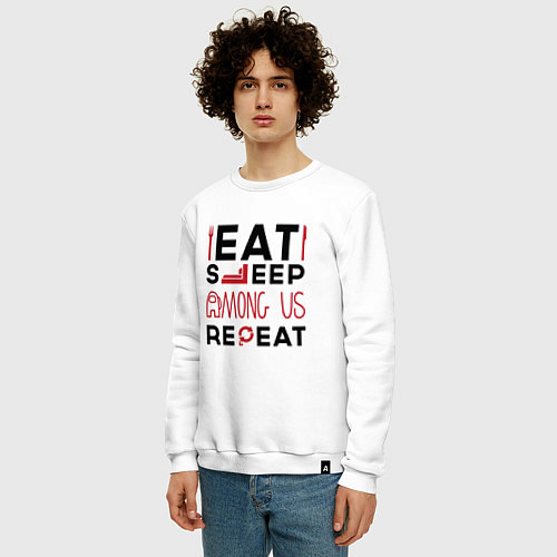 Мужской свитшот Надпись: eat sleep Among Us repeat / Белый – фото 3