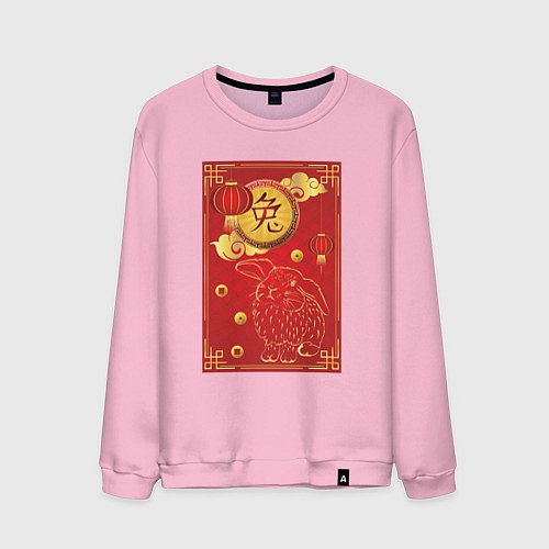 Мужской свитшот Китайский иероглиф и золотой кролик на красном / Светло-розовый – фото 1