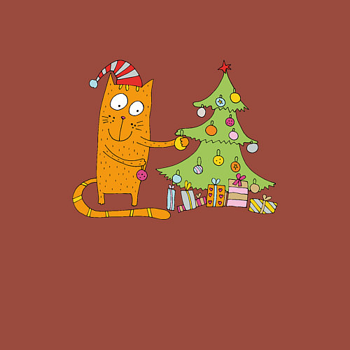 Мужской свитшот Кот наряжает новогоднюю ёлку / Кирпичный – фото 3