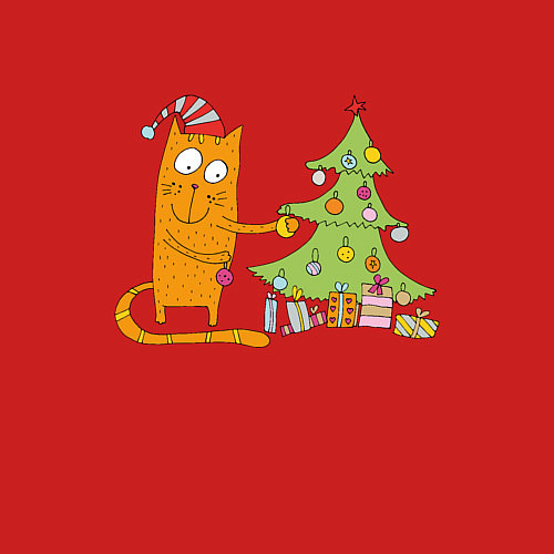 Мужской свитшот Кот наряжает новогоднюю ёлку / Красный – фото 3