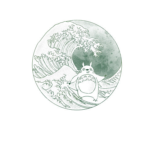 Мужской свитшот Тоторо серфит на большой волне в канагаве - зелены / Белый – фото 3