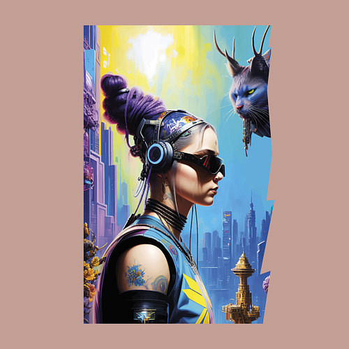 Мужской свитшот Cyberpunk - neural network - fantasy with cat / Пыльно-розовый – фото 3