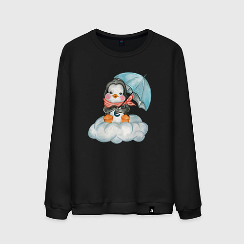 Мужской свитшот Пингвин на облаке с зонтом / Черный – фото 1