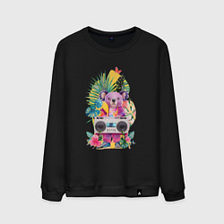 Свитшот хлопковый мужской Розовая коала с бумбоксом и тропическими листьями, цвет: черный