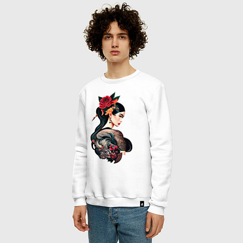 Мужской свитшот Irezumi tattoo стиль девушка лотос / Белый – фото 3