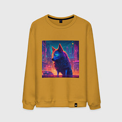Свитшот хлопковый мужской Волк в неоновом киберпанк-городе, цвет: горчичный