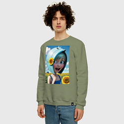 Свитшот хлопковый мужской Девочка в голубом шлеме, цвет: авокадо — фото 2
