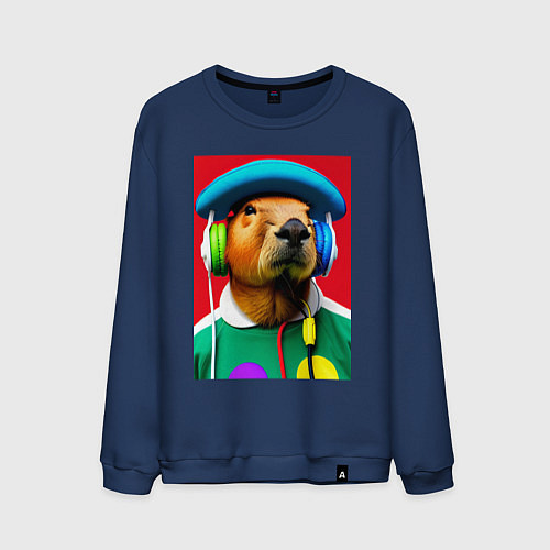 Мужской свитшот Капибара в наушниках и шляпе - нейросеть / Тёмно-синий – фото 1