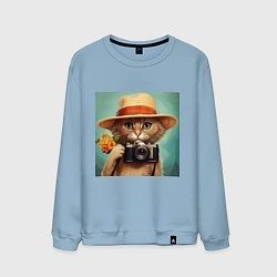 Свитшот хлопковый мужской Кот в соломенной шляпе с фотоаппаратом, цвет: мягкое небо