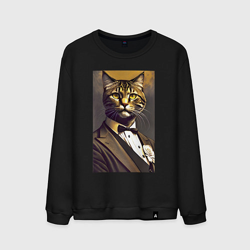 Мужской свитшот Крутой котяра - джентльмен - нейросеть / Черный – фото 1