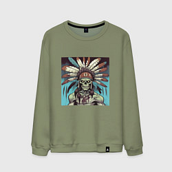 Свитшот хлопковый мужской Индеец зомби с перьями на голове, цвет: авокадо