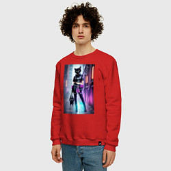 Свитшот хлопковый мужской Крутая модная кисуля в ночном Бронксе - нейросеть, цвет: красный — фото 2