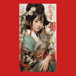 Свитшот хлопковый мужской Японская девочка в кимоно с котенком, цвет: красный — фото 2