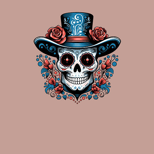 Мужской свитшот Череп в шляпе в стиле мексиканского дня мертвых / Пыльно-розовый – фото 3