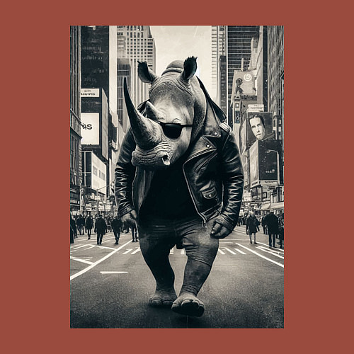 Мужской свитшот Могучий носорог житель Нью-Йорка - нейросеть / Кирпичный – фото 3