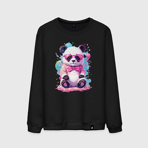 Мужской свитшот Милая панда в розовых очках и бантике / Черный – фото 1