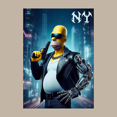 Мужской свитшот Cyber Homer with a gun in New York - ai art / Миндальный – фото 3