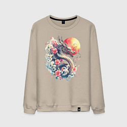 Мужской свитшот Японский дракон на фоне солнца и цветки сакуры