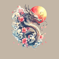 Свитшот хлопковый мужской Японский дракон на фоне солнца и цветки сакуры, цвет: миндальный — фото 2