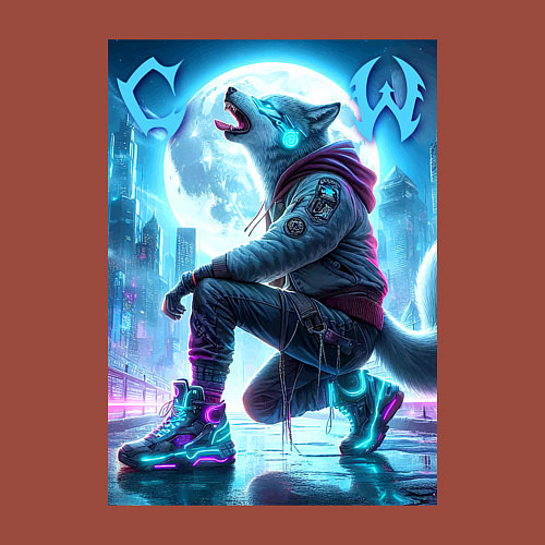 Мужской свитшот Cyber wolf in metropolis - ai art / Кирпичный – фото 3