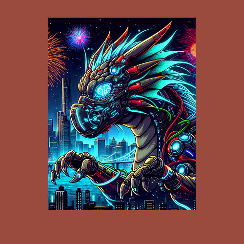 Мужской свитшот Cyber dragon - ai art neon / Кирпичный – фото 3