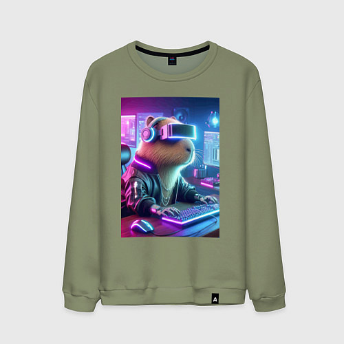 Мужской свитшот Капибара игроман - неоновое свечение / Авокадо – фото 1