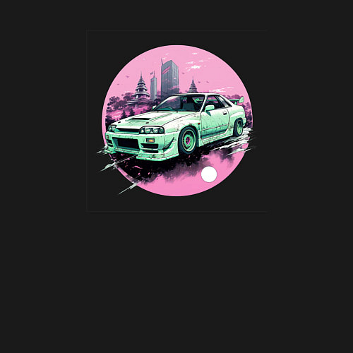 Мужской свитшот Японское авто в розовом закатном мегаполисе / Черный – фото 3