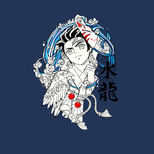 Мужской свитшот Танджиро Камадо и иероглифы / Тёмно-синий – фото 3