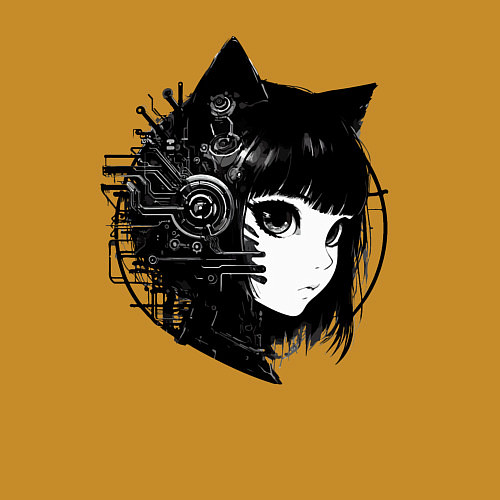 Мужской свитшот Девочка кошка - киберпанк / Горчичный – фото 3