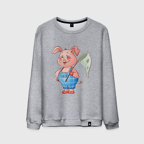 Мужской свитшот Мультяшный поросенок с сачком / Меланж – фото 1