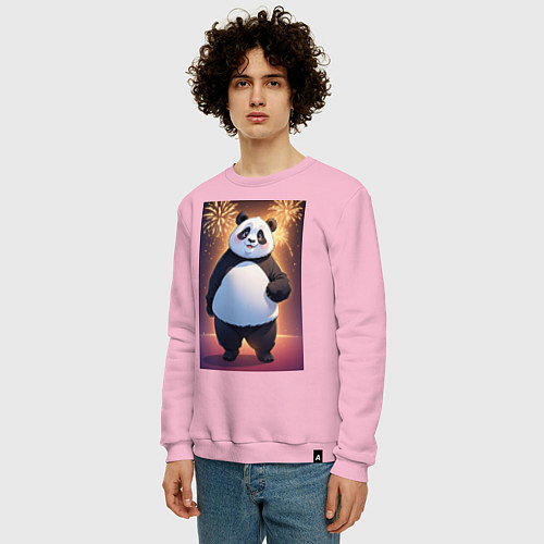Мужской свитшот Панда в свитере под салютом - ai art / Светло-розовый – фото 3