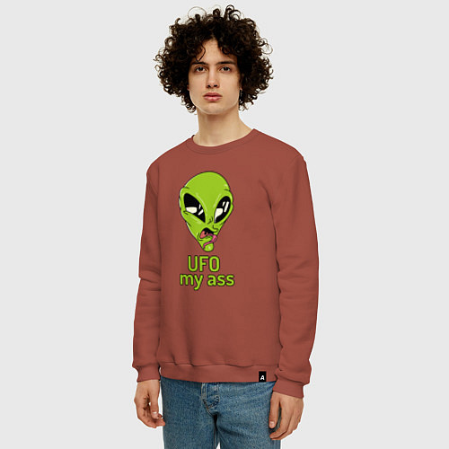 Мужской свитшот Зеленый пришелец НЛО с надписью UFO my ass / Кирпичный – фото 3