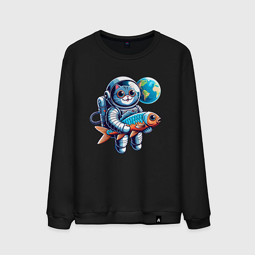 Мужской свитшот Котик космонавт с рыбой - нейросеть / Черный – фото 1