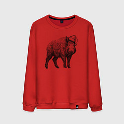 Свитшот хлопковый мужской Кабан в новогоднем колпаке, цвет: красный