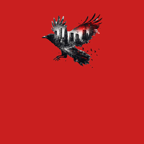 Мужской свитшот Черный ворон и город эффект двойной экспозиции / Красный – фото 3