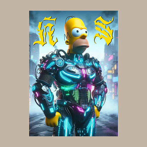 Мужской свитшот Homer Simpson - neon glow ai art / Миндальный – фото 3