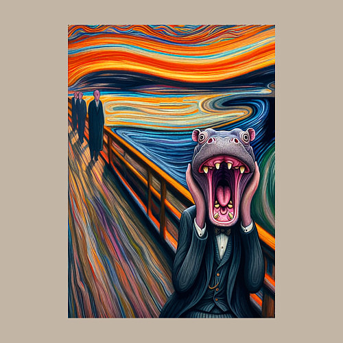 Мужской свитшот Бегемот кричит - мем живопись от нейросети / Миндальный – фото 3