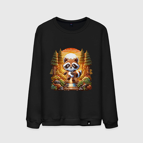 Мужской свитшот Енот шагает по лесу / Черный – фото 1