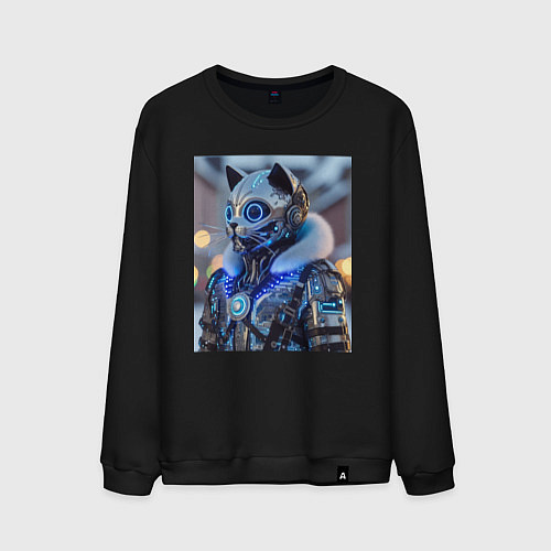 Мужской свитшот Cyber cat - ai art fantasy / Черный – фото 1