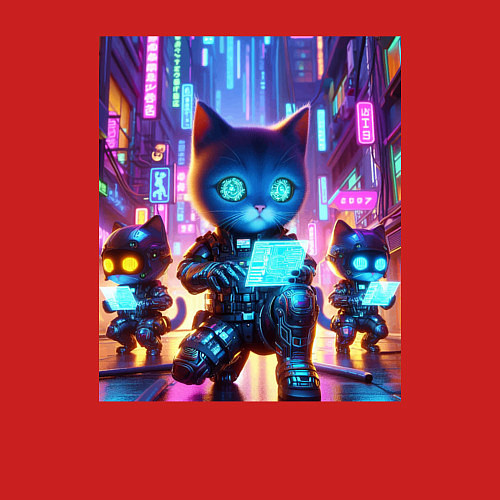 Мужской свитшот Продвинутые кибер котята - неоновое свечение / Красный – фото 3