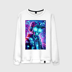 Свитшот хлопковый мужской Minecraft and Cyberpunk collaboration - ai art neo, цвет: белый