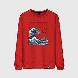 Свитшот хлопковый мужской Большая волна в стиле японской картины винтаж, цвет: красный